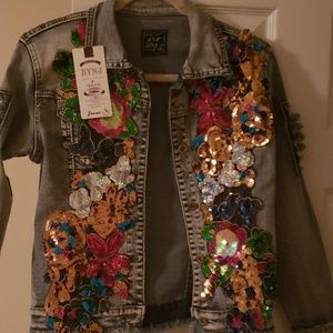 Denim Stretch  Jacket w/Sequined Applique